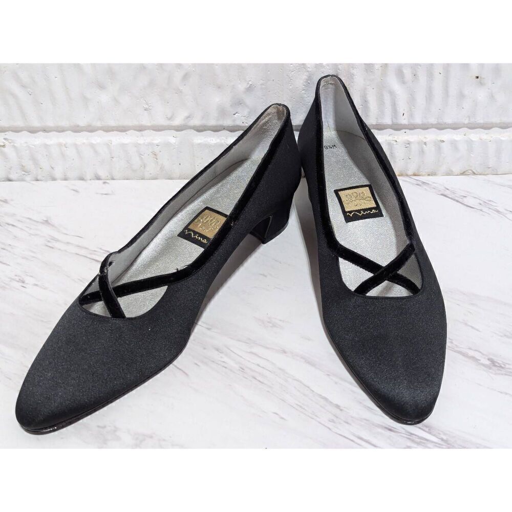 Nina Women's 9.5M Black Luster Satin Velvet Rosie Pump Heels Size 9.5M New In Bo